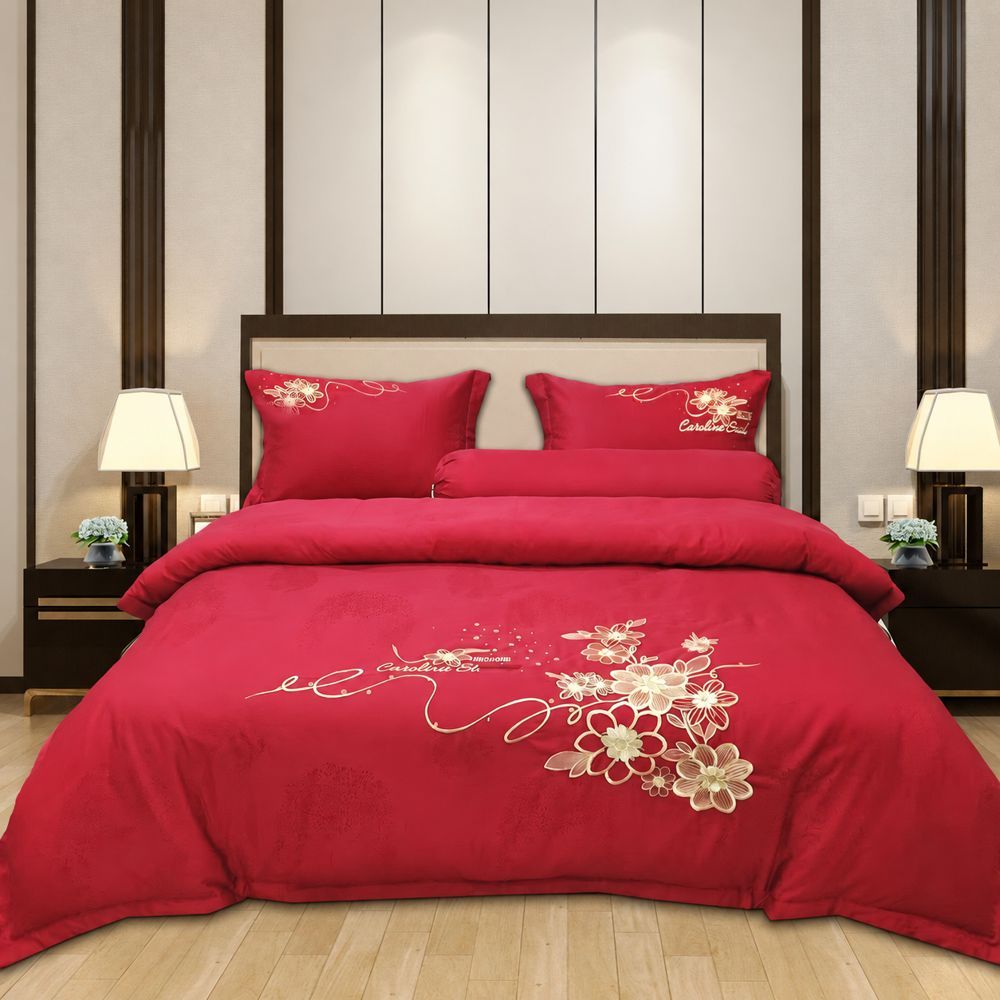 Bộ chăn ga satin thêu hoa màu đỏ Tường Vi Home